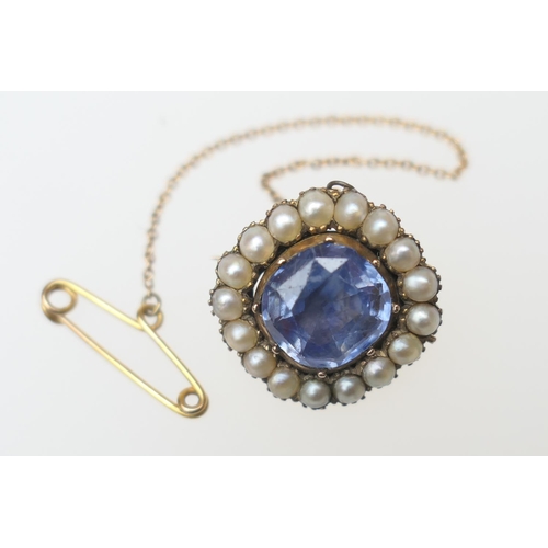 100 - Victorian sapphire and pearl brooch, the cushion cut sapphire certified as natural, estimated to wei... 