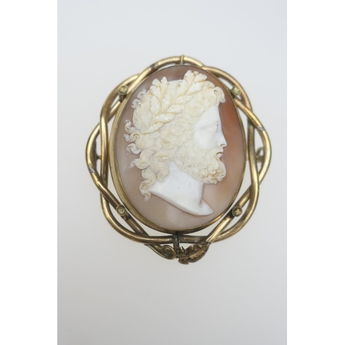 104 - Victorian cameo brooch, the well carved cameo featuring a profile of Zeus, within a pinchbeck locket... 