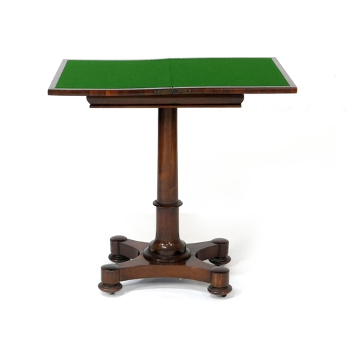 529 - William IV rosewood pedestal card table, of small proportions, swivel folding top with ogee frieze, ... 