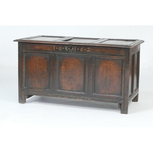 533 - Charles II oak joined coffer, dated 1662, the three recessed panel top over a front carved with '16 ... 