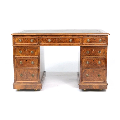 536 - Victorian burr walnut twin pedestal desk, gilt tooled green leather inset top over three moulded fri... 