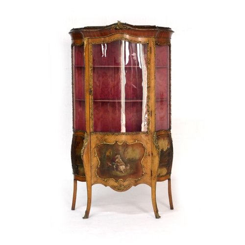 553 - French walnut Vernis Martin display cabinet, late 19th/early 20th Century, serpentine fronted glass ... 