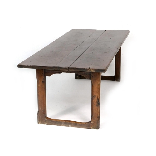 556 - Oak refectory table, Mid 17th Century and later, three plank top patinated and with some old graffit... 