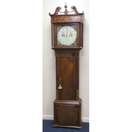 563 - Oak mahogany and inlaid eight day longcase clock, by H Richardson, Tarporley, having a painted 14'' ... 