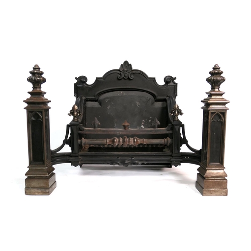 564 - Large cast iron fire grate, probably French, late 19th Century in the Gothic style, the fire box 55c... 