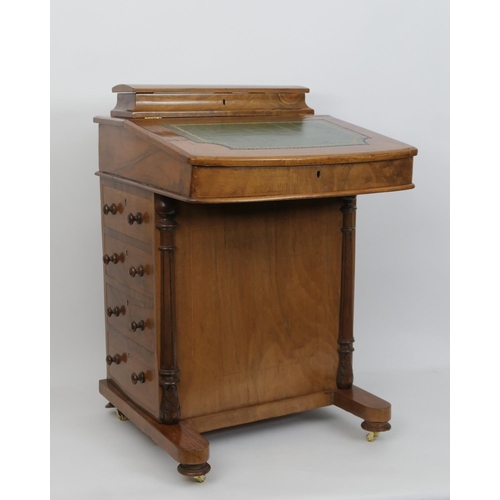 566 - Victorian walnut and inlaid davenport, circa 1880 with later restoration, the slope front with green... 