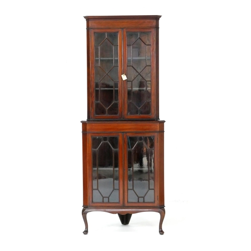 568 - Edwardian mahogany and inlaid free standing flat front corner display cabinet, circa 1900-10, fitted... 