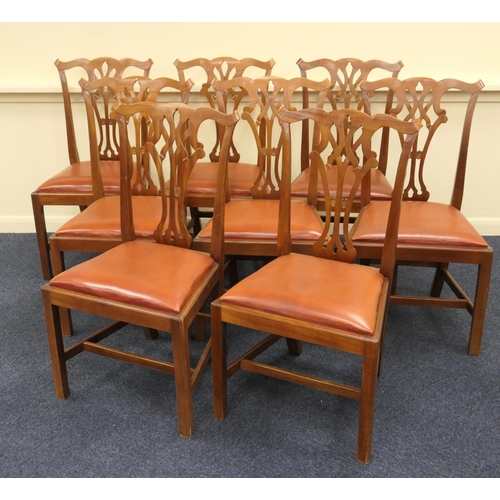 574 - Set of eight mahogany dining chairs in the Chippendale style, 20th Century, with red leatherette squ... 