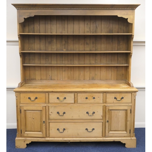 576 - Victorian style pine dresser with boarded plate rack, width 195cm, height 214cm, depth 48cm