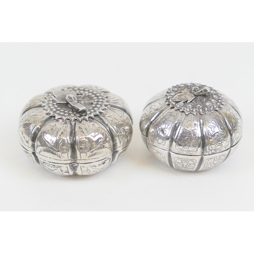 61 - Two Chinese melon shaped small boxes, circa 1900, 6cm and 5cm diameter, one marked on the base, gros... 