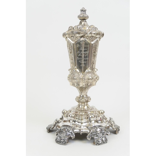 65 - Viennese silver covered goblet on stand by Meyer, Vienna 1863, chased with acanthus lappets and baro... 