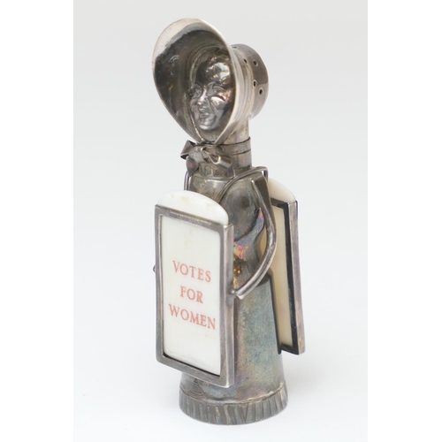 86 - Edwardian silver Suffragette pepperette, by Saunders and Shepherd, Chester 1908, modelled as a suffr... 