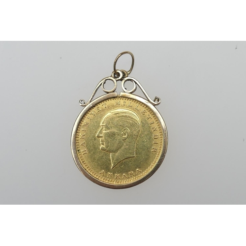 91 - Turkish 100 Piastres Kurush gold coin, 1955, 22ct gold, mounted as a pendant in 9ct gold, gross weig... 