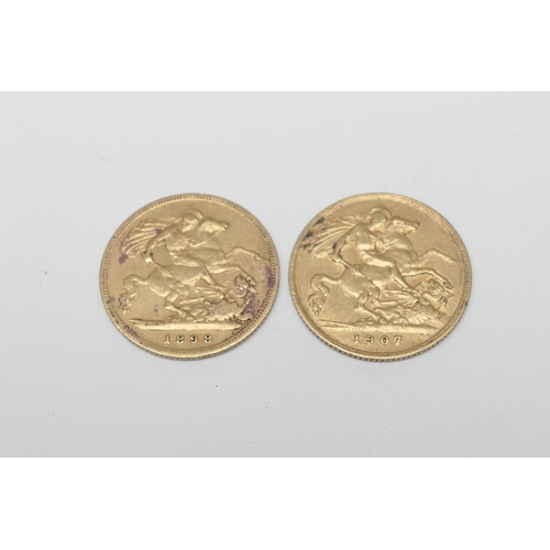 96 - Victorian gold half sovereign, 1898 (VF), weight approx. 4g; also an Edward VII gold half sovereign,... 