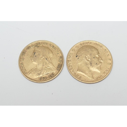 96 - Victorian gold half sovereign, 1898 (VF), weight approx. 4g; also an Edward VII gold half sovereign,... 