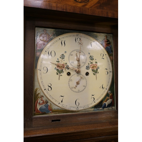 563 - Oak mahogany and inlaid eight day longcase clock, by H Richardson, Tarporley, having a painted 14'' ... 