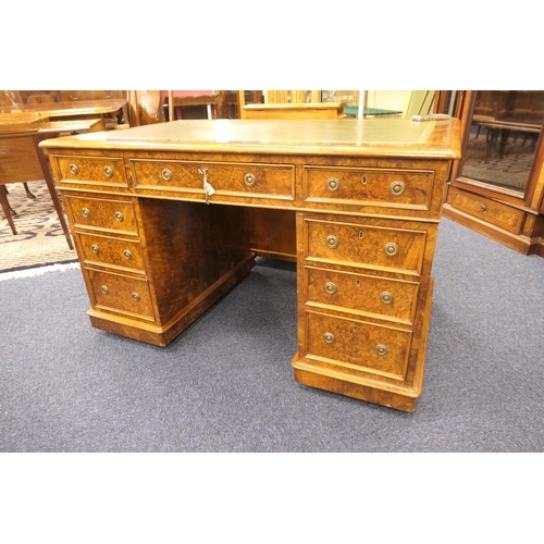 536 - Victorian burr walnut twin pedestal desk, gilt tooled green leather inset top over three moulded fri... 