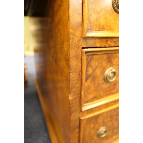 536 - Victorian burr walnut twin pedestal desk, gilt tooled green leather inset top over three moulded fri... 