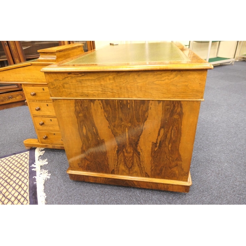 536 - Victorian burr walnut twin pedestal desk, gilt tooled green leather inset top over three moulded fri... 