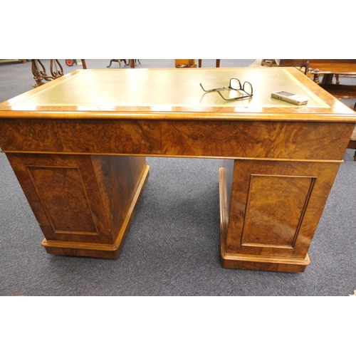 536 - Victorian burr walnut twin pedestal desk, gilt tooled green leather inset top over three moulded fri... 