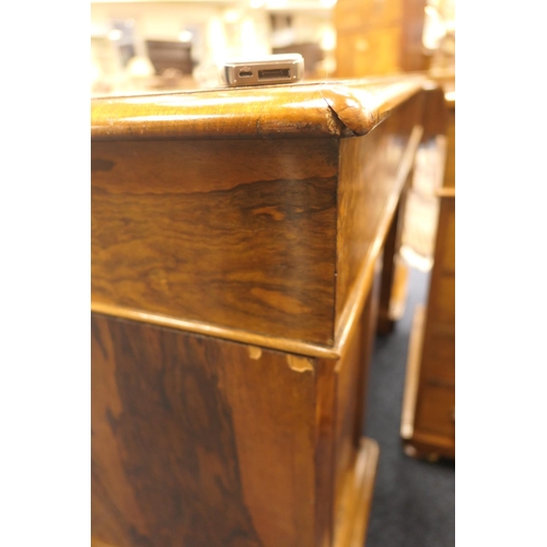 536 - Victorian burr walnut twin pedestal desk, gilt tooled green leather inset top over three moulded fri... 