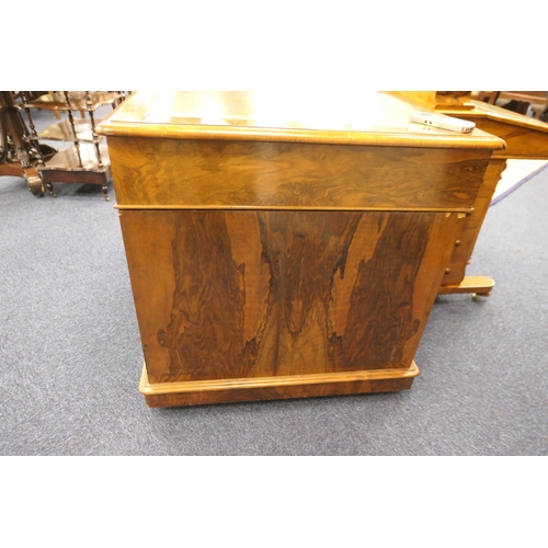 536 - Victorian burr walnut twin pedestal desk, gilt tooled green leather inset top over three moulded fri... 