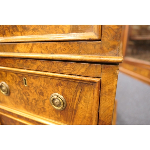 536 - Victorian burr walnut twin pedestal desk, gilt tooled green leather inset top over three moulded fri... 