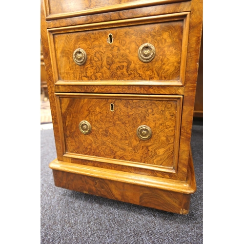 536 - Victorian burr walnut twin pedestal desk, gilt tooled green leather inset top over three moulded fri... 