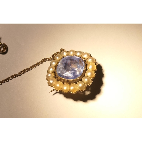 100 - Victorian sapphire and pearl brooch, the cushion cut sapphire certified as natural, estimated to wei... 