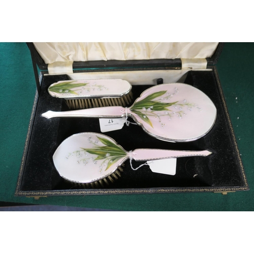 17 - Elizabeth II silver and enamelled vanity set, by Henry Clifford Davis, Birmingham 1953, enamelled wi... 