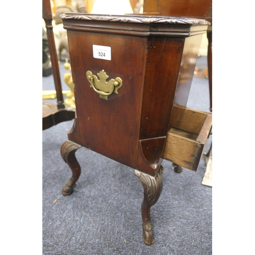 524 - Irish mahogany wine cooler, canted square form with brass carrying handles (liner deficient), fitted... 