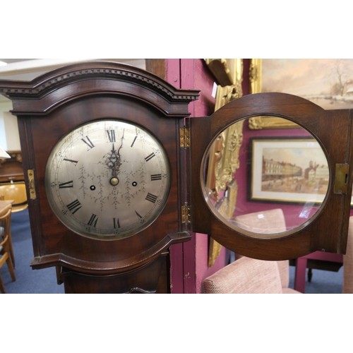 544 - Quality mahogany granddaughter clock by Maple & Co., London, having a 9'' circular silvered dial wit... 