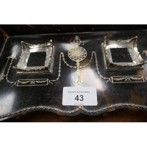 43 - George V silver pique tortoiseshell inkstand, hallmarked London 1920, rectangular, inlaid in Adam st... 