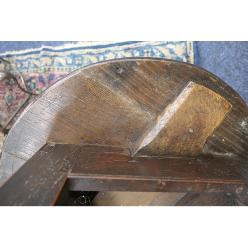 525 - Oak small cricket table, 19th Century, circular top on three turned legs united by a stretcher base,... 