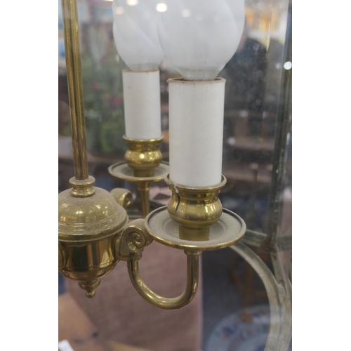 526 - French cast brass hexagonal hall lantern, circa 1900, centred with four candle lights and with clear... 