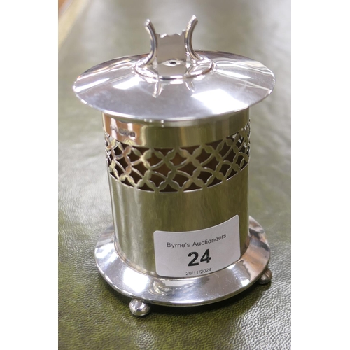 24 - Edwardian silver string box by Synyer & Beddoes, Chester 1908, cylinder form, raised on bun feet, he... 