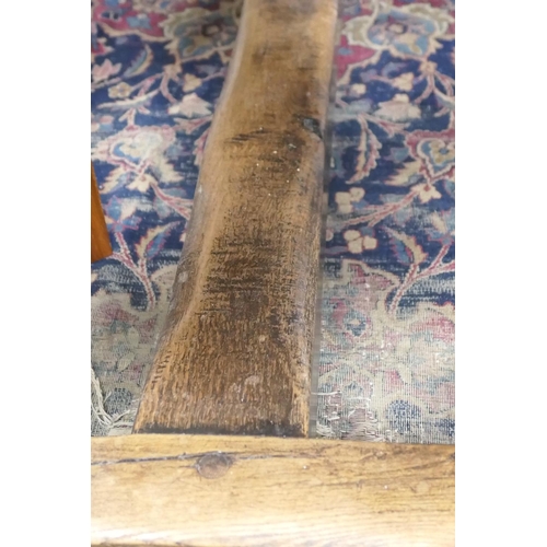 554 - Oak refectory table in 17th Century style, two plank top over turned baluster legs, united by an H-s... 