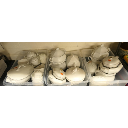 62 - Quantity of white glazed dinner ware including lidded tureens, plates, bowls etc (3 boxes)