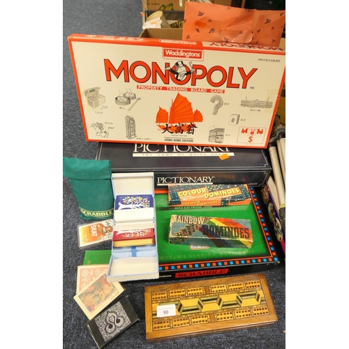 90 - Monopoly Hong Kong edition and other games including cribbage box, playing cards etc