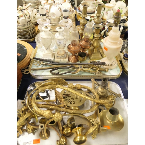 92 - Assorted brassware including door furniture, Victorian brass candlesticks, decanters converted to ta... 