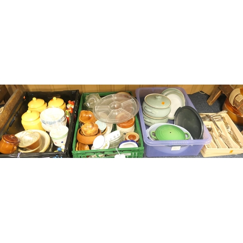 61 - Denby casserole dishes, other cookware, household ceramics including storage jars etc (3 boxes)