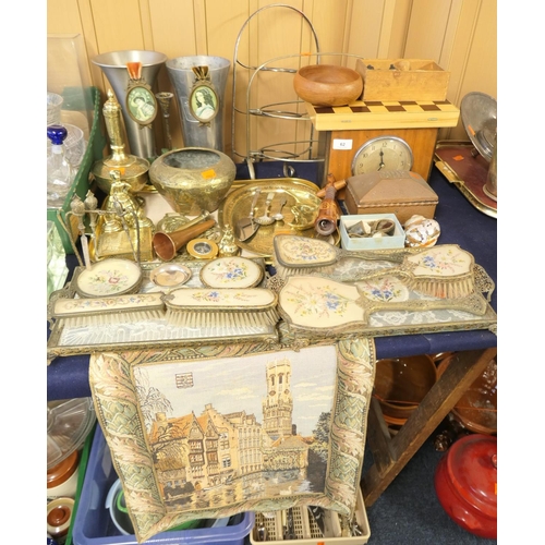 62 - Mixed collectables including petit-point dressing table pieces, mixed metalware including Arts and C... 