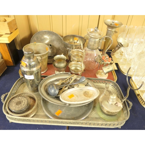 63 - Assorted silver plated wares including epergne, ice bucket, brandy warmer, cocktail shaker