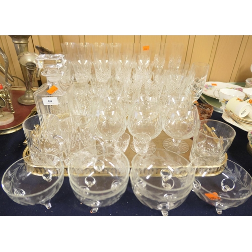 64 - Assortment of cut glassware including pedestal wines, brandy balloons etc