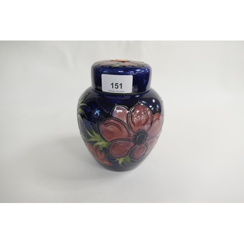 151 - Moorcroft anemone blue ground covered jar (second), height 16cm