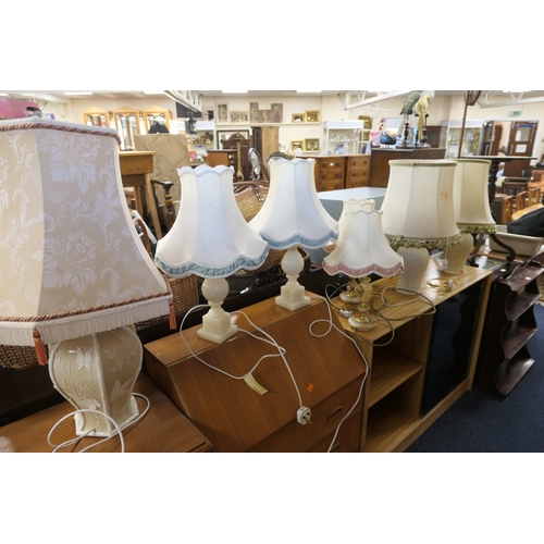 434 - Decorative Japonesque style pottery hexagonal table lamp with fabric brocade shade, height 78cm; and... 