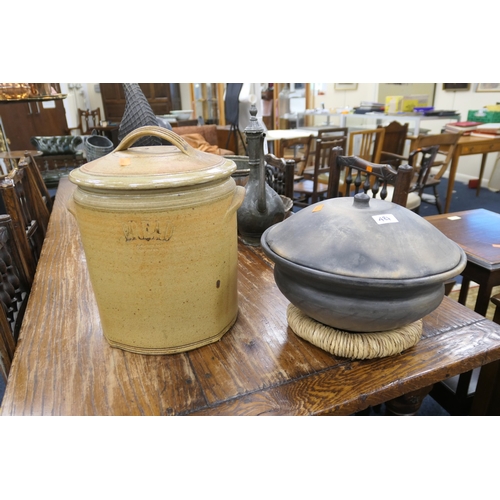 487 - Large salt glazed stoneware bread bin by A&J Young, Gresham, also a Raku style lidded cooking pot (2... 