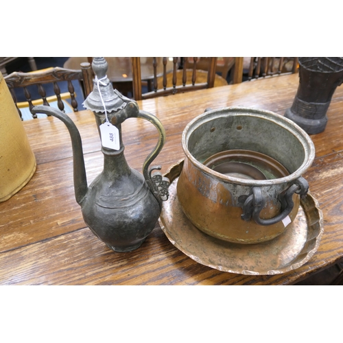 488 - Eastern metal wine jug, height 41cm, also a zinc plated copper cooking pot, three copper shallow dis... 