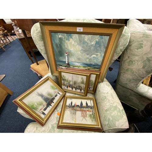 552 - Framed oil painting of a lighthouse signed Whitehead, and four small framed pictures of Parisian vie... 