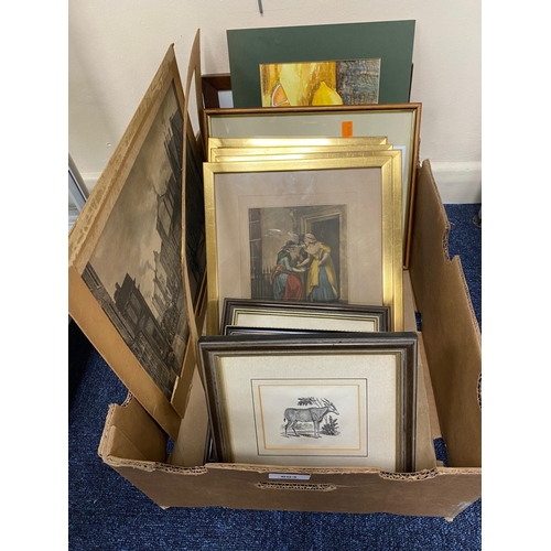 603 - Assorted prints including Wheatley's Cries of London, two framed Bewick prints and a Crystal Palace ... 